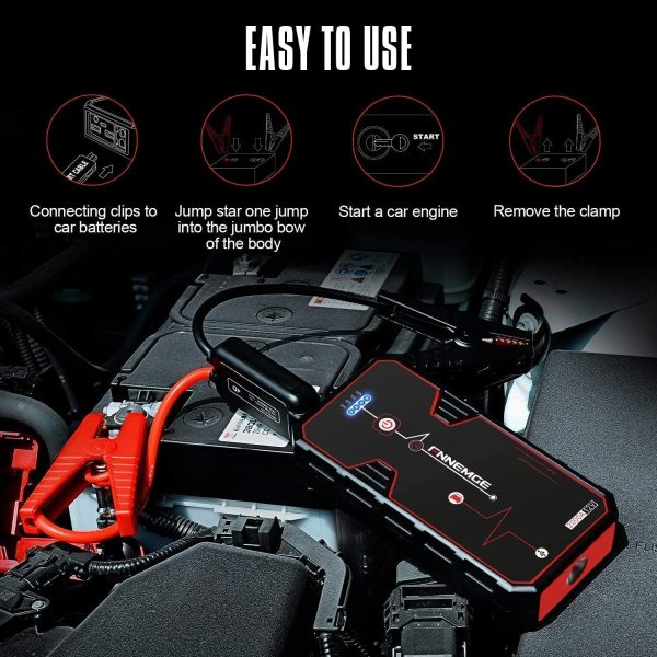 FNNEMGE Avviatore Batteria Auto, 2000A 21800mAh Avviatore Emergenza per Auto(Motori Fino a 8.0L Benzina/ 6.5L Diesell) 12V ,Avviatore di emergenza, Jump Starter,Torcia a LED con QC3.0 Porte USB - immagine 2