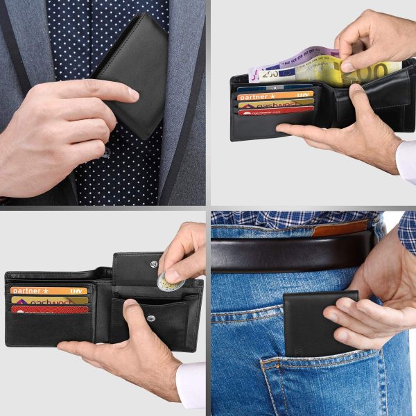 wilbest? Portafoglio Uomo Slim Vera Pelle Blocco RFID, Con Portamonete, Porta Chiavi, Porta Carte di Credito, Finestra ID, Scomparti Banconote e Confezione Regalo, Piccolo Brifold Portafogli - NERO - immagine 3