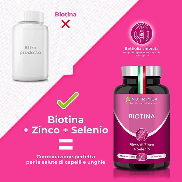 Biotina Nutrimea | Capelli, Unghie e Pelle | Zinco Selenio Vitamina B7 | Acceleratore Crescita Capelli | Luminosit?? Della Pelle | 900% VNR | Trattamento 4 Mesi