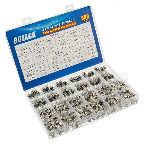 BOJACK 24 Valori 360 pezzi Kit di classificazione dei fusibili in vetro a fusione rapida 250V 5x20mm 6x30mm 0.25 0.5 1 2 3 4 5 6 7 8 10 12 15 20A packag in una scatola di plastica trasparente - immagine 3