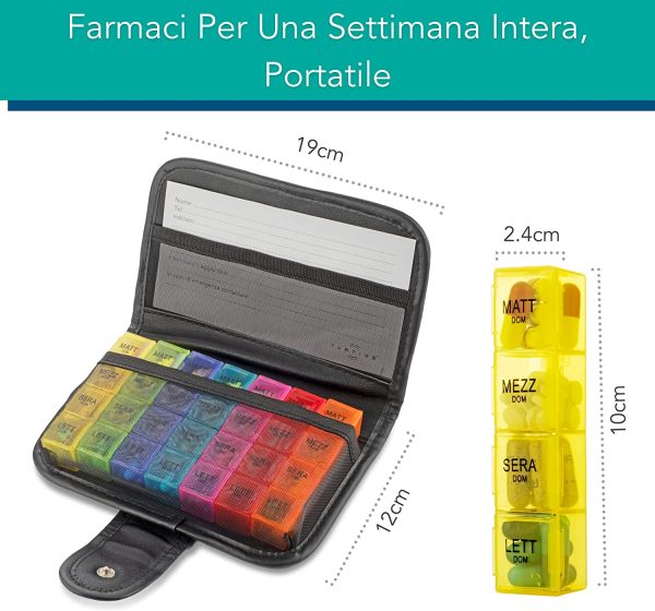 Astuccio portapillole (ITALIANO) TabTime, Organizer per pillole settimanale 7 giorni con 28 scomparti per pillole, pastiglie o medicinali, Pill box settimanale 4 dosi - immagine 2