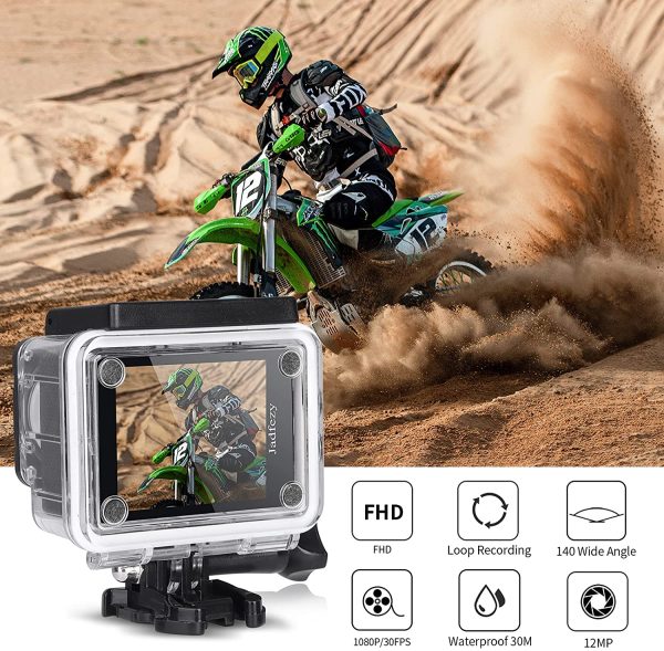 Action Camera 1080P 30fps, Fotocamera Subacquea impermeabile 30M, Sports Cam con due 900mAh Batterie Ricaricabili e Kit Accessori - immagine 5