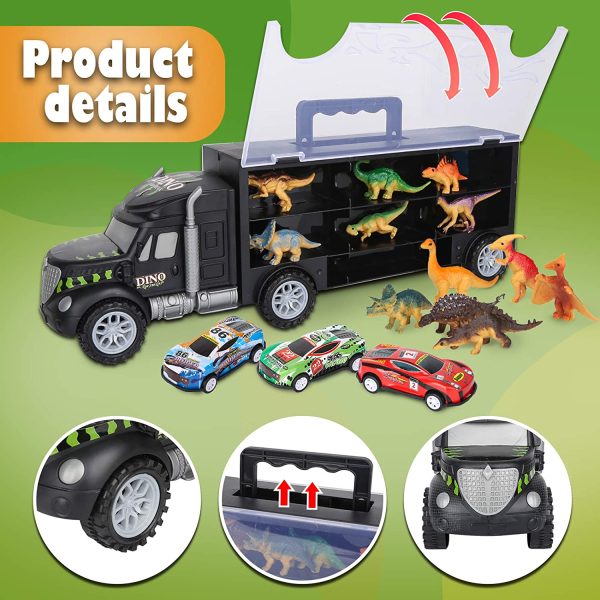 Vanplay Bisarca Giocattolo Camion Giocattolo includere Uova Dinosaur e Dinosauri Giocattoli , Mini Auto da Corsa, Tappetto Gioco, Segnali Stradali per Bambini 37 Pezzi - immagine 8