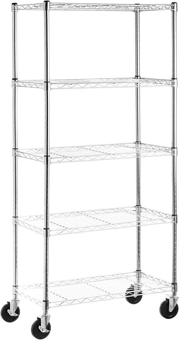 AmazonBasics - Scaffalatura a 3 ripiani, su rotelle, Cromo & - Scaffalatura a 5 ripiani, su rotelle, Cromo