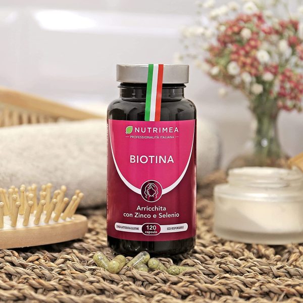 Biotina Nutrimea | Capelli, Unghie e Pelle | Zinco Selenio Vitamina B7 | Acceleratore Crescita Capelli | Luminosit?? Della Pelle | 900% VNR | Trattamento 4 Mesi - immagine 8