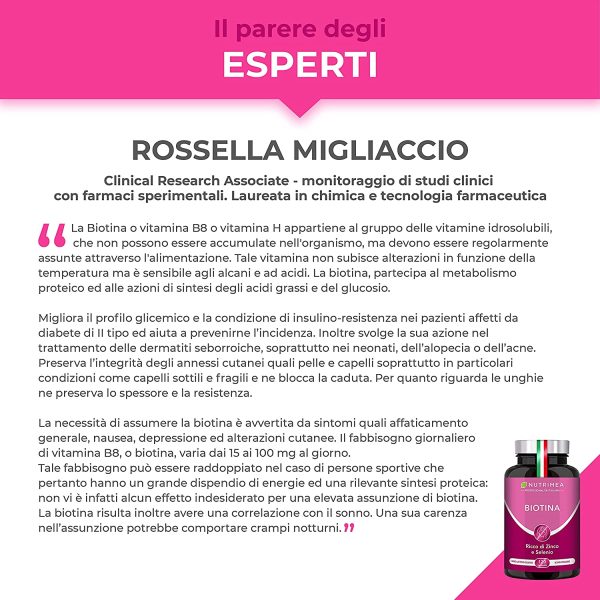 Biotina Nutrimea | Capelli, Unghie e Pelle | Zinco Selenio Vitamina B7 | Acceleratore Crescita Capelli | Luminosit?? Della Pelle | 900% VNR | Trattamento 4 Mesi - immagine 5