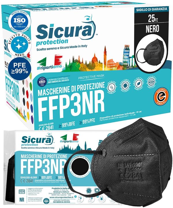 25 Mascherine FFP3 Certificate CE Nere Made in Italy e logo SICURA impresso PFE ??99% | BFE ??99% Mascherina ffp3 italiana SANIFICATA e sigillata singolarmente. Pluri certificata ISO 13485 e ISO 9001 - immagine 2