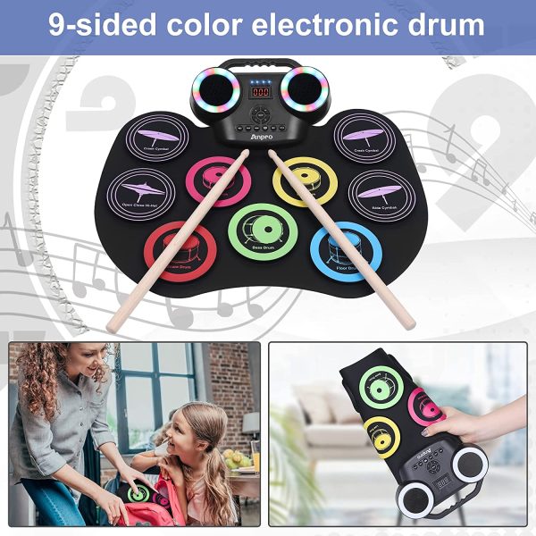 Anpro Batteria Elettronica, 9 Praticare Drum Pads con 2 Bacchette Pedali, Schermo LED, Portatile Tavolo Pieghevole Digitale Tamburo Set, Adatto a Bambini, Adulti e Principianti, Regalo di Compleanno - immagine 5