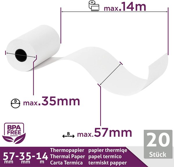 Rotoli Pos 57mm x 14m x 12mm per registratore di cassa - carta termica per ricevute bancomat ?C Rotolini per terminale pos 57x35x12 (20 Rotoli) - immagine 2