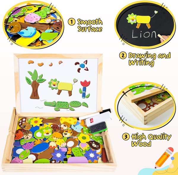 COOLJOY Puzzle Magnetico Legno, Giocattolo di Legno Bambini con Double Face Disegno cavalletto Lavagna, apprendimento educativo per Bambini (Nmodello Animale)??