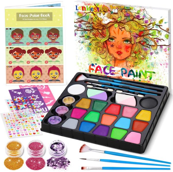 lenbest Colori Trucco Viso Bambini, 17 Colori Pittura Facciale Include 5 Colori Metallici, con Disegni Libro di Insegnamento, 3 Glitter, 3 Pennelli - Kit Halloween Trucco Carnevale Pasquale - immagine 2