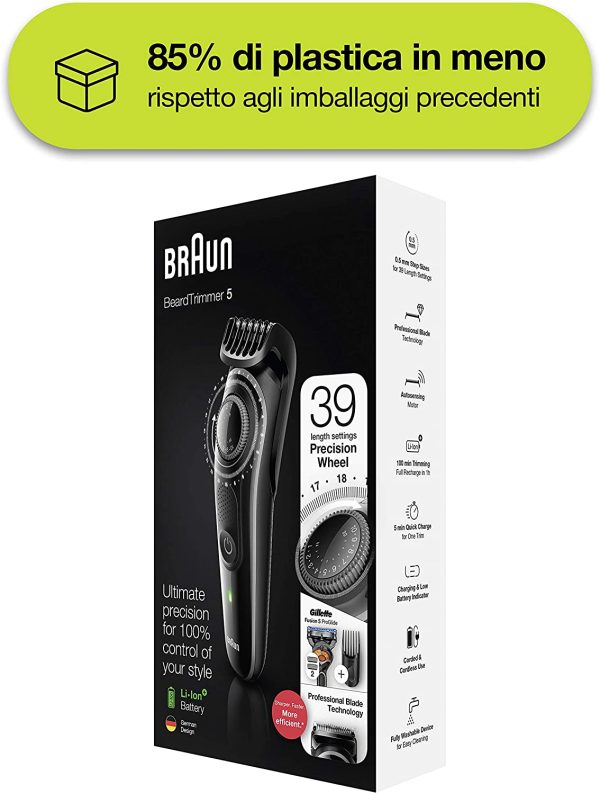 Braun Regolabarba Uomo Con Lame Affilate Di Lunga Durata Progettato Per Durare Il Doppio*, Motore Adattivo E 39 Impostazioni Di Lunghezza. Confezione Con 85% Di Plastica In Meno, BT5242 Nero/Grigio - immagine 4