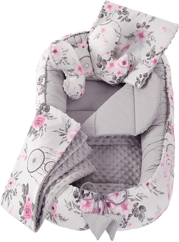 Set 5 pezzi per Neonati Nido Bozzolo Neonato 90x50 100% Cotone Babynest Inserto Removibile Cuscino Coperta per Bambini  (Acchiappasogni E Fiori Con Il Grigio Minky) - immagine 2