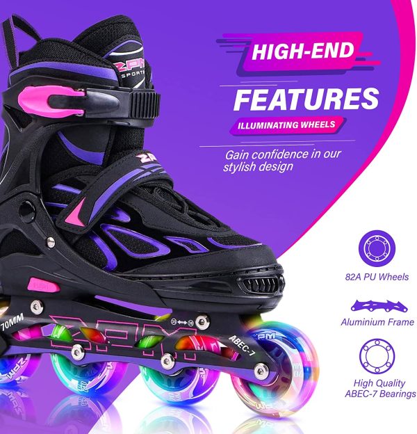 2PM SPORTS Brice Pattini in Linea Regolabili, Ruote Illumina LED, Divertente Inline Skates per Bambina e Bambino e Bambini - Verde/Rosa/Azzurro/Viola - immagine 5