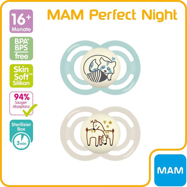 MAM Perfect Night Set di 2 ciucci in silicone sottili e flessibili, si illuminano al buio, 16 mesi mesi, orso e cervo, Istruzioni in lingua straniera - immagine 4