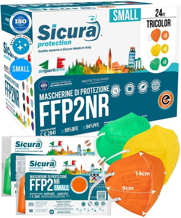 24 Mascherine FFP2 Certificate Taglia Piccola S Small ARANCIONI, GIALLE e VERDI Made in Italy CE SICURA BFE ??99% | PFE ??94% Mascherina per viso piccolo sigillata - 14x9cm CERTIFICATA filtrazione FFP2