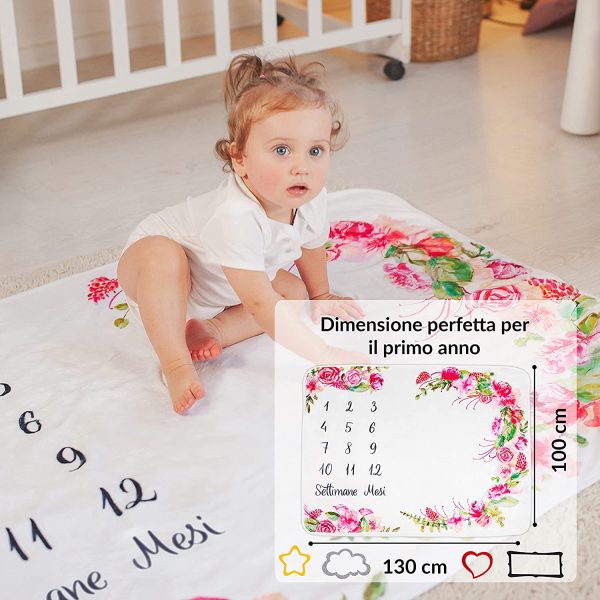 Coperta Mesi Neonato In Italiano | Tappeto Mesi Neonato Per Maschio O Femmina, Unisex | Tema Fiori E Foglie | Regalo Baby Shower Personalizzato Per Neomamme | Copertina Mesi Neonato | Incluse Cornici - immagine 7