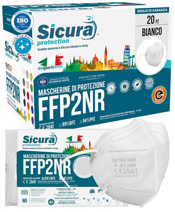 20 Mascherine FFP2 Certificate BIANCHE SICURA Protection Made in Italy BFE ??99% Mascherina ffp2 vera Marcatura EFFETTO PULITO e sigillata. Pluricertificata ISO 13485 e ISO 9001 EN 149:2001+A1:2009 - immagine 2