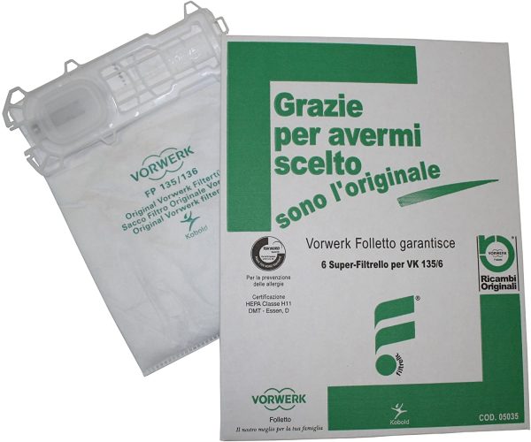 Confezione da 6 Sacchetti Originale per Folletto Vk 135 136, Aspirapolvere Vorwerk Originali