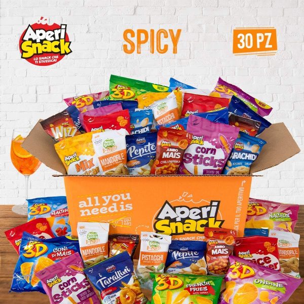 APERIBOX SPICY 30 - Snack Salati dal sapore piccante, sfiziosa box per un aperitivo fai da te con ampia variet?? di snack tra patatine, stuzzichini e frutta secca, Ottima idea regalo - immagine 6