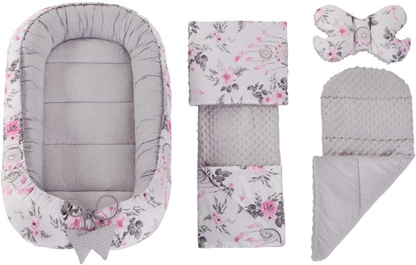 Set 5 pezzi per Neonati Nido Bozzolo Neonato 90x50 100% Cotone Babynest Inserto Removibile Cuscino Coperta per Bambini  (Acchiappasogni E Fiori Con Il Grigio Minky) - immagine 3