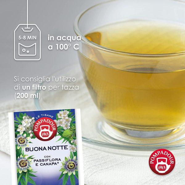 Pompadour, Tisana Buona Notte Plus, 54 Filtri (3 Confezioni da 18 Filtri), con Passiflora e Canapa, Ideale alla Sera per Favorire il Sonno, Senza Lattosio, Glutine e Allergeni