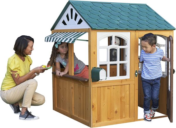 KidKraft 405 Casetta Gioco da Giardino e Esterno Garden View in Legno per Bambini con lavagne, fioriera e Tenda Stile caffetteria, Colore Marrone