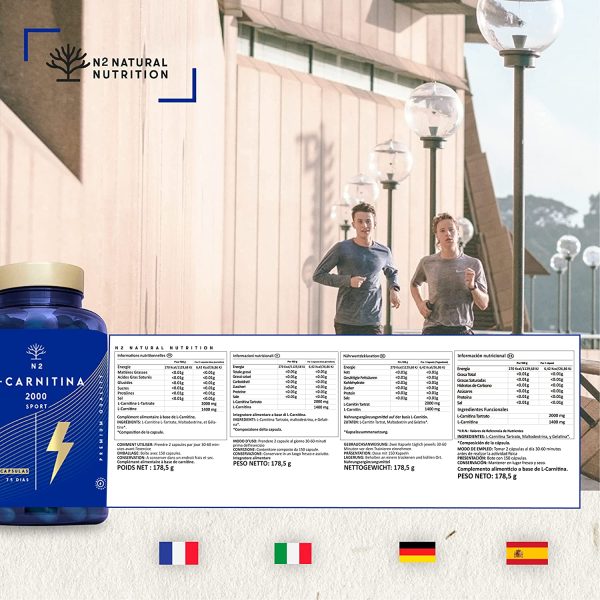 L CARNITINA 2000 Integratore Brucia Grassi Natural Dose Elevata. Provvede Energia e Resistenza Migliora lo Sviluppo Sportivo Perdita di Peso. 2000mg. 150 Capsule. CE. N2 Natural Nutrition