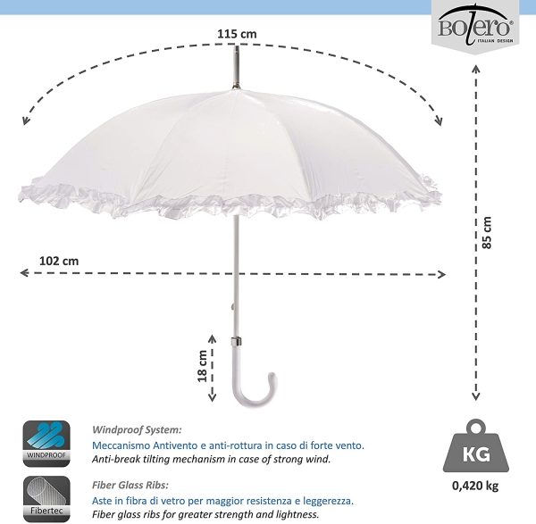 BOLERO OMBRELLI - Ombrello da Pioggia Lungo classico da Sposa adatto per il tuo Matrimonio - apertura Manuale - Tessuto Pongee con Ruffle - immagine 7