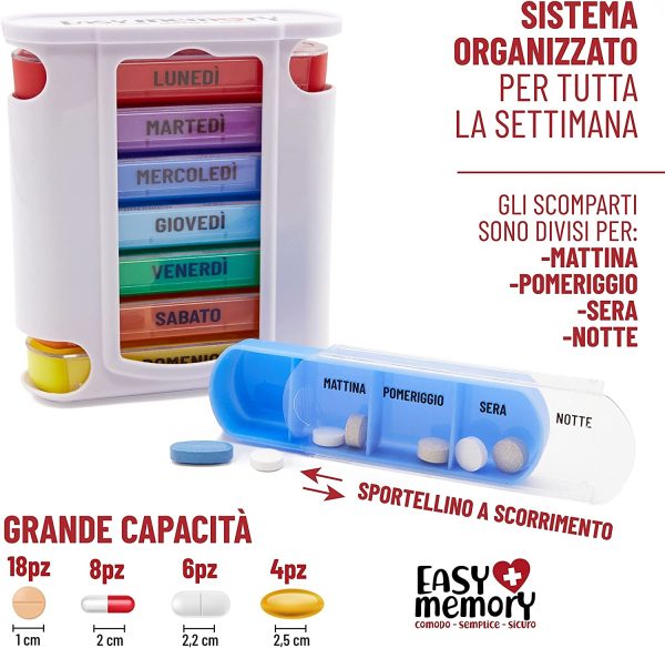 Easy Memory Portapillole Settimanale Italiano con Tabella x Medicinali, 7 Portapastiglie Giornalieri - immagine 6