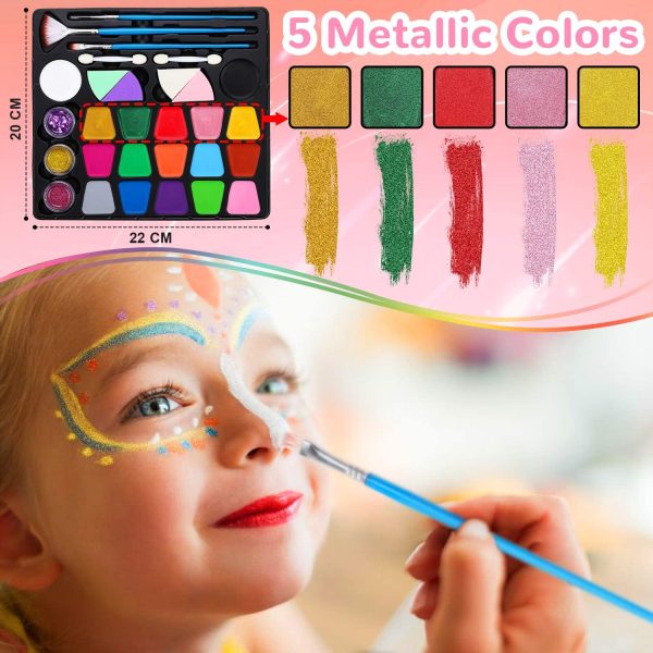 lenbest Colori Trucco Viso Bambini, 17 Colori Pittura Facciale Include 5 Colori Metallici, con Disegni Libro di Insegnamento, 3 Glitter, 3 Pennelli - Kit Halloween Trucco Carnevale Pasquale - immagine 5