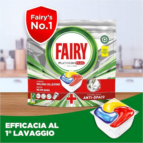 Fairy Platinum Plus Pastiglie Lavastoviglie,176 Lavaggi,4x44Capsule Lavastoviglie,Detersivo Lavastoviglie al Limone, L'Ottima Pulizia Di Fairy Per Stoviglie, Tecnologia Anti-Opaco con Azione Brillante