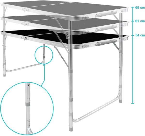 Tavolo pieghevole multifunzionale, tavolo multiuso, tavolo da campeggio, tavolo pieghevole, tavolo da mercato, tavolo regolabile in altezza, tavolino in giardino per mercati (Nero: 120 x 60 cm) - immagine 8