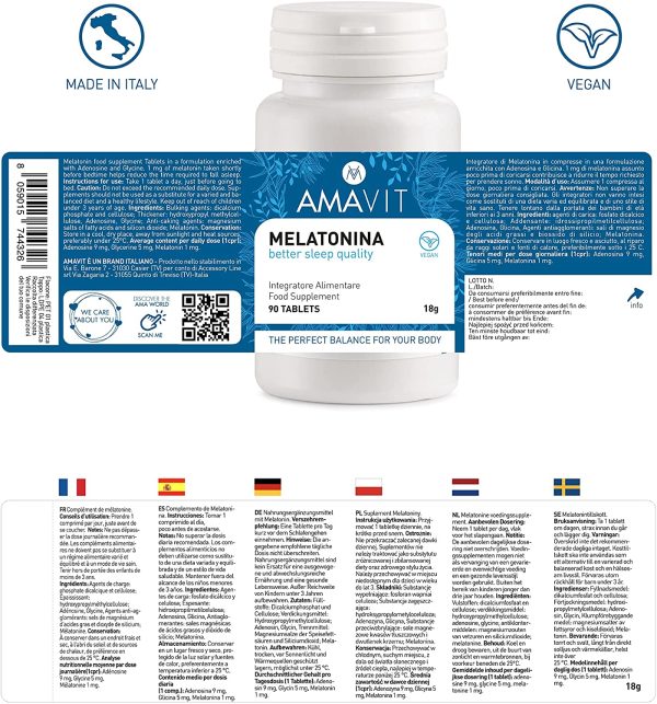 AMAVIT Melatonina per Dormire 1mg 180 Compresse [Fornitura per 6 mesi] MADE IN ITALY Integratore contro l'Insonnia con Melatonina Adenosina Glicina | Pastiglie per Dormire senza Glutine e Lattosio