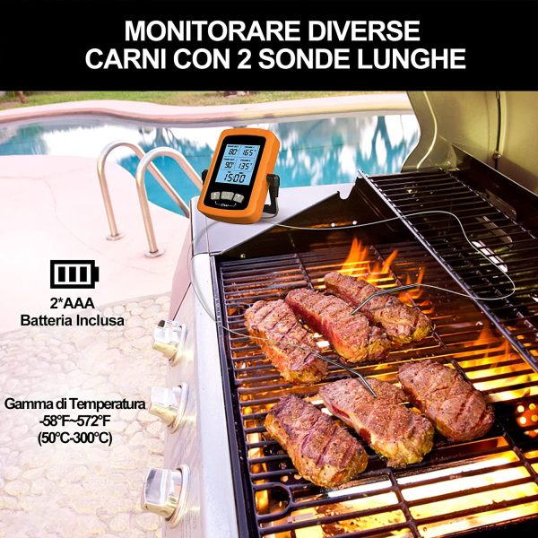 Termometro Cucina, Doppia Sonda Lunga da 6.4" Termometro Barbecue a Lettura Istantanea, Impermeabile Termometro Carne con Controluce LCD e Timer Cucina, per Forno Grigliare Caramelle Latte - immagine 2