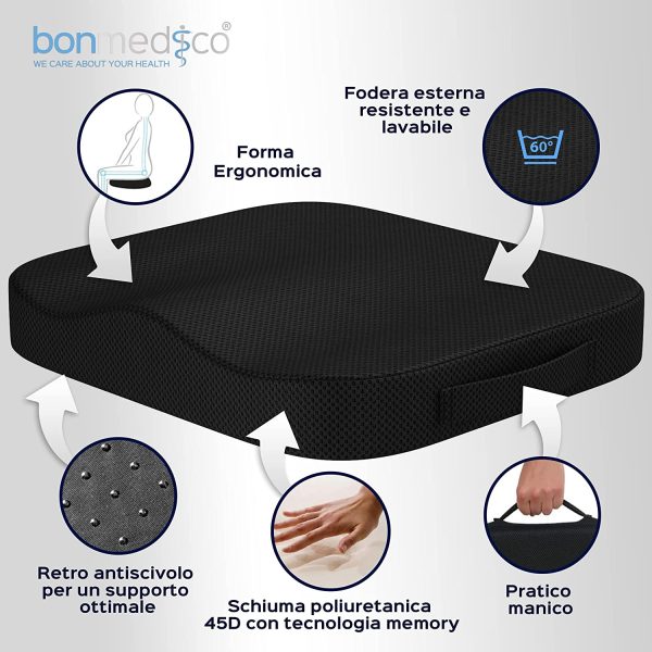 Bonmedico Cuscino Antidecubito - Cuscino Ortopedico Posturale per Casa, Ufficio e Auto - Rialzo per Sedia Ergonomico in Memory Foam - Supporto Lombar - immagine 6