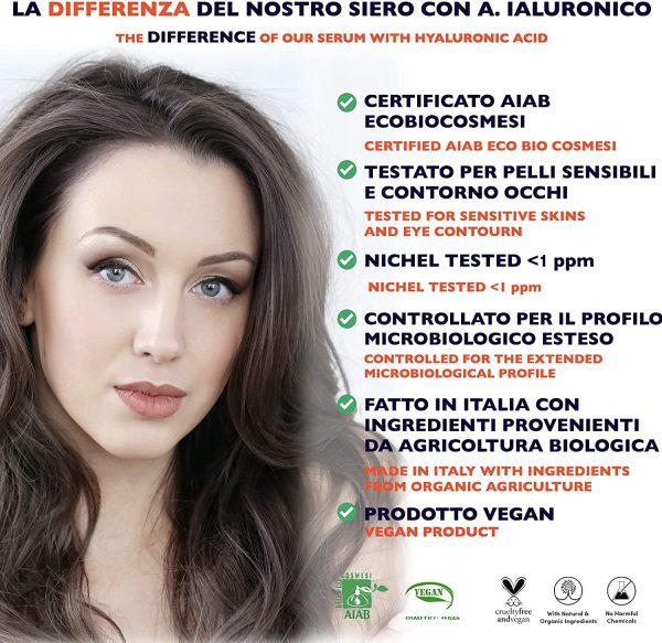 60ml. BIO Siero Viso all??Acido Ialuronico Puro a Basso, Medio e Alto peso Molecolare e Vitamina C - Noti Agenti Antirughe e Antiet?? per Viso, Collo e Contorno Occhi. Biologico e Vegano Made in Italy - immagine 4