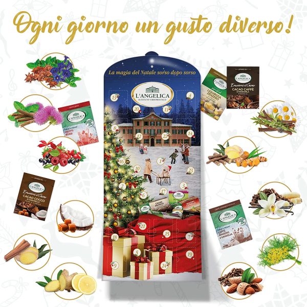 L'Angelica, Calendario dell'Avvento, 24 Giorni di Coccole e Benessere, Cofanetto con 24 Tisane fra cui Tisane Fredde, Calde, Emozioni al Cacao, Tisane Calde Funzionali e Tisane Calde Superfood - immagine 3