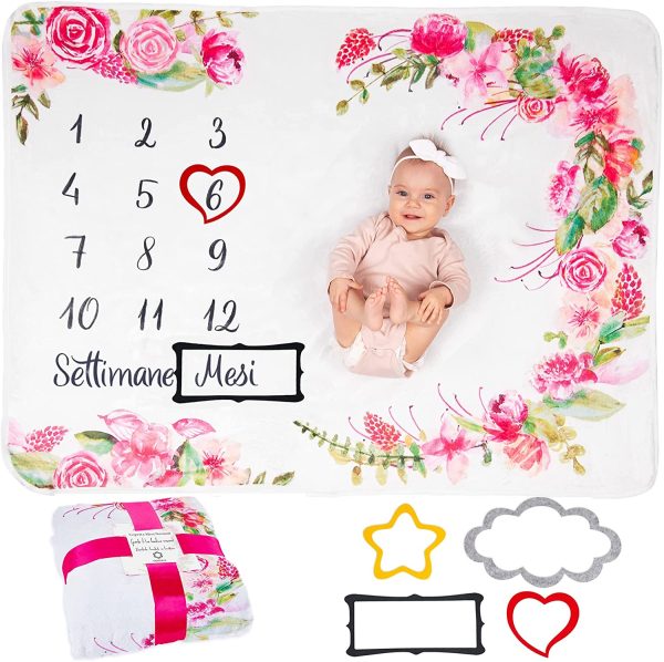 Coperta Mesi Neonato In Italiano | Tappeto Mesi Neonato Per Maschio O Femmina, Unisex | Tema Fiori E Foglie | Regalo Baby Shower Personalizzato Per Neomamme | Copertina Mesi Neonato | Incluse Cornici - immagine 5