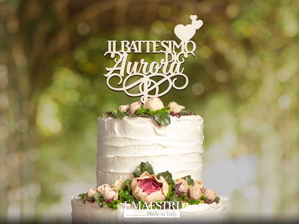 Cake topper BATTESIMO personalizzabile con nome e decoro (mongolfiera, solo nome o nome e cuoricini) - I MAESTRI - immagine 2