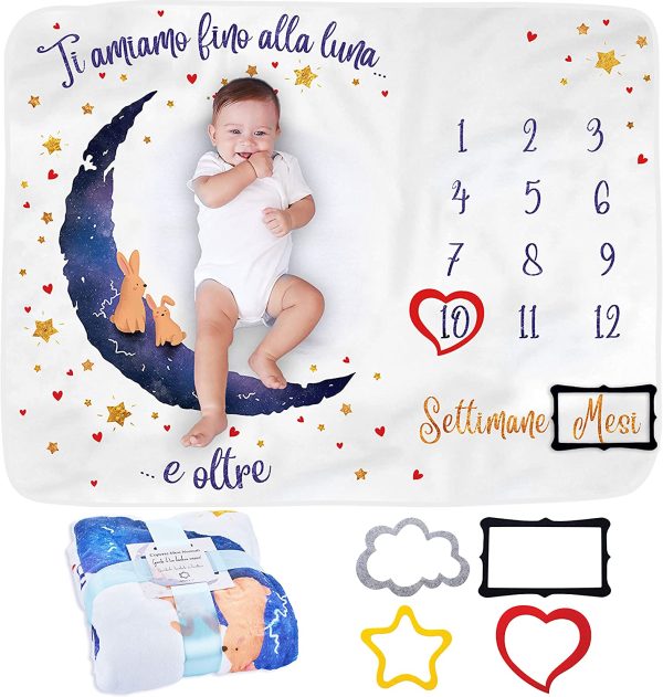 Coperta Mesi Neonato in Italiano | Tappeto Mesi Neonato Per Maschio O Femmina, Unisex | Regalo Personalizzato Festa Nascituro | Tema Luna | Morbida e Spessa | Copertina Mesi Neonato | Cornici Incluse - immagine 5