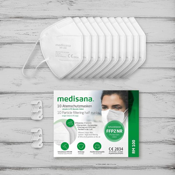 Medisana FFP2 Maschera di Protezione Respiratoria, Maschera Antipolvere RM 100, 10 pezzi, in Sacchetto PE con Clip, Certificato CE2834, EU 2016/425, Testato T??V