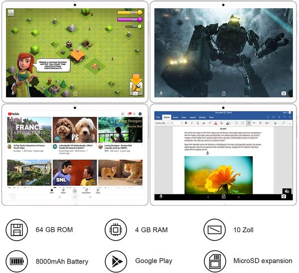 Tablet 10 Pollici 4GB RAM 64GB ROM WiFi + Doppia SIM Android 10  Tablets WiFi | IPS | Bluetooth | MicroSD 4-128 GB | con Tastiera Bluetooth, Oro Rosa - immagine 7