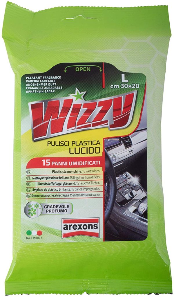 AREXONS WIZZY PULISCI PLASTICA LUCIDO, 15 Salviettine umidificate per superfici interne in plastica auto, usa e getta, panni imbibiti rimuovi sporco, salviettine profumate, rinnova e lucida - immagine 2