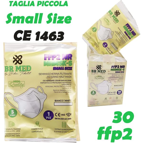 30 Mascherine ffp2 TAGLIA PICCOLA S mascherina ffp2 Small size Certificate CE 1463 filtraggio BFE??95% Mascherine FFP2 Certificate CE (30 FFP2, BIANCHE TAGLIA S)