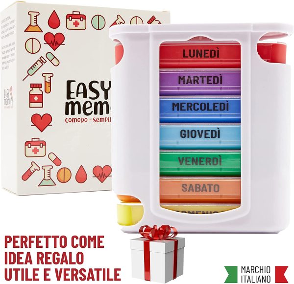 Easy Memory Portapillole Settimanale Italiano con Tabella x Medicinali, 7 Portapastiglie Giornalieri - immagine 3