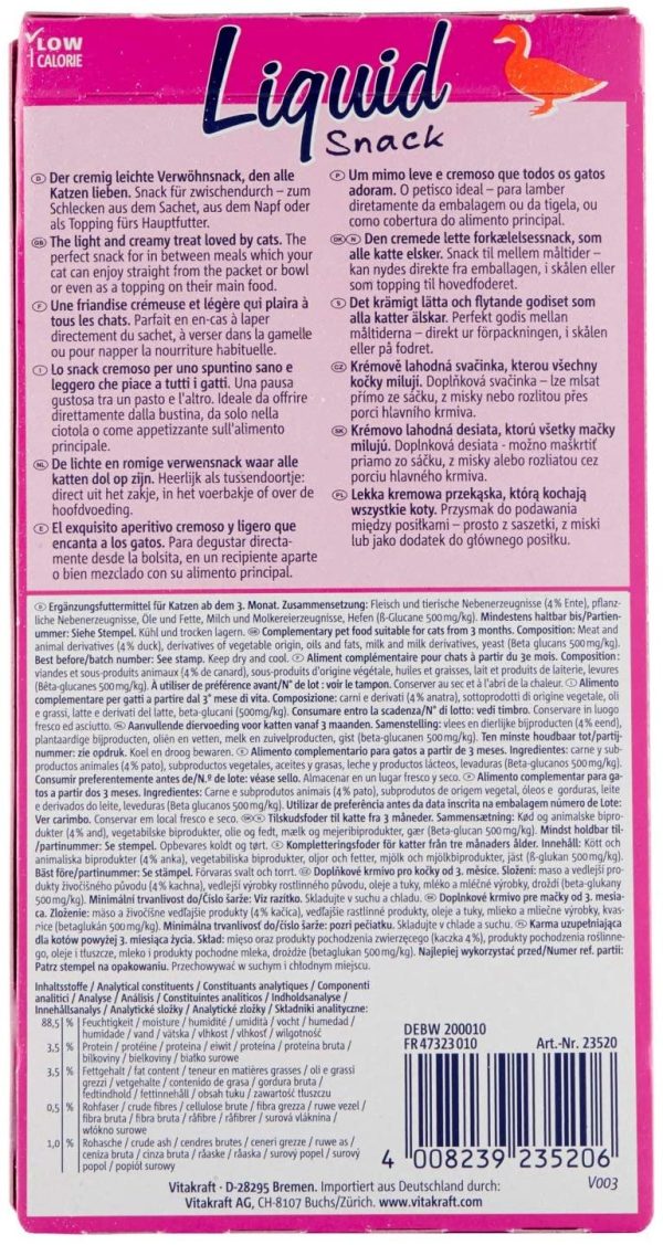 Vitakraft Snack liquido per gatto, Anatra e Beta glucani, 1 confezione (6 buste da 15 g) - immagine 3