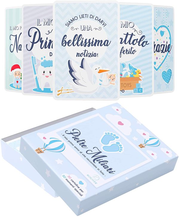 Scatola Dei Ricordi Neonato - Regalo per La Nascita - 50 Milestone Baby Cards Italiano - Pietre Miliari Bambini