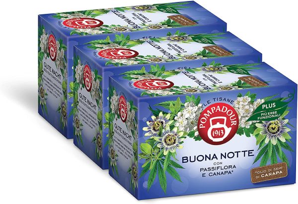 Pompadour, Tisana Buona Notte Plus, 54 Filtri (3 Confezioni da 18 Filtri), con Passiflora e Canapa, Ideale alla Sera per Favorire il Sonno, Senza Lattosio, Glutine e Allergeni - immagine 7