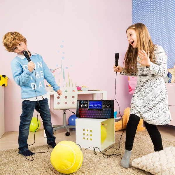 DiscoFever LED - Impianto Karaoke, per Bambini, Bluetooth, 2 Connessioni Microfono, 1 Microfono Dinamico, Effetti LED, Lettore CD+G, Porta USB, Uscita Video, Nero - immagine 8